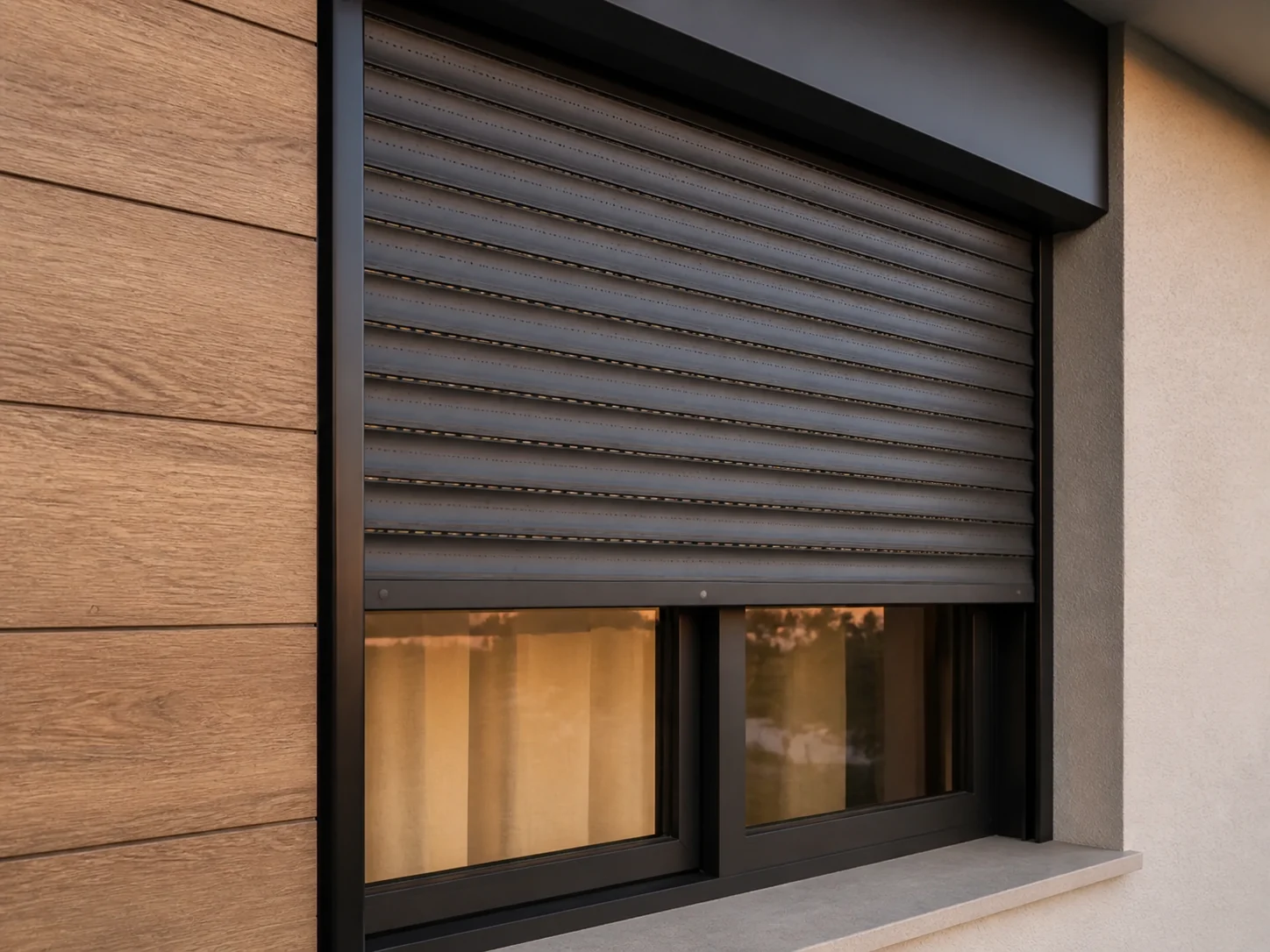 Detalhe externo das lâminas e do trilho de uma veneziana de enrolar