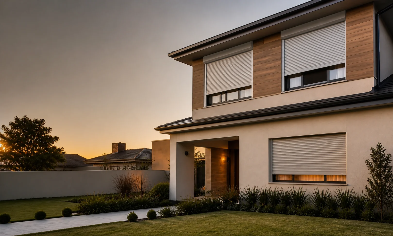 Fachada residencial contemporânea com venezianas de enrolar externas